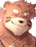  1boy ^_^ animal_ears bara bear_boy bear_ears belly brown_fur brown_hair chest_hair close-up closed_eyes dilukha_(nyaalgebra) earrings face fang furry highres jewelry male_focus muscular muscular_male original plump pointing pointing_at_self short_hair smile solo thick_eyebrows upper_body 
