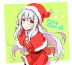  1girl anbutter_siruko blush box capelet christmas closed_mouth eyebrows_visible_through_hair gift gift_box hair_between_eyes hat holding holding_gift kantai_collection long_hair long_sleeves merry_christmas pom_pom_(clothes) red_capelet santa_costume santa_hat shoukaku_(kantai_collection) smile solo twitter_username white_hair yellow_eyes 