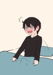  1boy absurdres bangs bed black_hair black_shirt blanket blue_eyes blush erection erection_under_blanket highres jian_feng open_mouth original pillow shirt short_hair sitting waking_up 