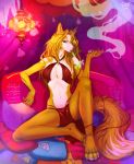  anthro breasts brown_body brown_fur canid canine canis claws clothed clothing curtains female fur green_eyes hair hi_res leonifa light long_hair mammal open_mouth pillow smoking solo spread_legs spreading wolf 