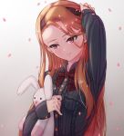  1girl black_hairband black_shirt blush bow bowtie brown_hair collared_shirt dress_shirt grey_background hairband hand_in_hair idolmaster idolmaster_(classic) loeldrive long_hair minase_iori parted_lips red_bow red_eyes red_neckwear shiny shiny_hair shirt sleeves_past_wrists solo stuffed_animal stuffed_toy upper_body very_long_hair wing_collar 