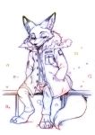  anthro barefoot canid canine cheek_tuft claws clothing coat dipstick_ears disney dogear218 facial_tuft fox fur hi_res inner_ear_fluff male mammal multicolored_ears nick_wilde red_fox simple_background sitting solo toe_claws topwear tuft white_background zootopia 