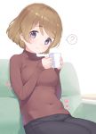  1girl ? bangs breasts brown_hair couch covered_navel cup eichisu eyebrows_visible_through_hair highres holding holding_cup koizumi_hanayo long_sleeves looking_at_viewer love_live! purple_eyes short_hair sitting small_breasts smile solo spoken_question_mark swept_bangs turtleneck 