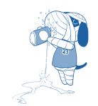  2020 anaugi animal_crossing anthro bandage beverage beverage_can blue_and_white can canid canine canis clothed clothing domestic_dog drinking eyes_closed hi_res holding_beverage holding_object lucky_(animal_crossing) male mammal monochrome nintendo shirt simple_background solo spill standing topwear undead video_games white_background wraps 