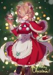  1girl alpaca_ears alpaca_girl alpaca_suri_(kemono_friends) alpaca_tail animal_ears apron black_legwear boots bow bowtie capelet christmas closed_eyes commentary_request cupcake dress food frilled_dress frills fur_collar fur_trim hair_bow hair_bun hair_over_one_eye hair_tubes highres hot_chocolate japari_symbol kemono_friends long_sleeves noamem pantyhose red_bow red_capelet red_dress red_neckwear santa_costume short_hair sleeve_cuffs smile solo tail tray whipped_cream white_apron white_fur white_hair 