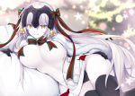  aliasing bell christmas cosplay dress elbow_gloves fate/grand_order fate_(series) gloves jeanne_d&#039;arc_(fate) jeanne_d&#039;arc_alter long_hair miko_92 navel no_bra panties ribbons thighhighs underboob underwear white_hair yellow_eyes 
