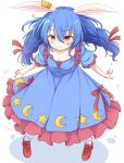  1girl :t animal_ears blue_dress blue_hair blush bobby_socks breasts bunny_ears closed_mouth collarbone commentary_request crescent_print dress ear_ornament eyebrows_visible_through_hair from_above frown full_body hair_between_eyes highres long_hair looking_at_viewer neko_mata petticoat pout puffy_short_sleeves puffy_sleeves red_eyes red_footwear seiran_(touhou) short_sleeves small_breasts socks solo standing star_(symbol) star_print touhou twintails v-shaped_eyebrows white_legwear 