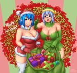  2014 2girls :o blue_eyes blue_hair breasts candy candy_cane christmas christmas_present cleavage elf erkaz food gift glasses gloves green_headwear hat highres huge_breasts inchou_(kaitsu_tokiyas) large_breasts multiple_girls original pointy_ears red-framed_eyewear red_gloves red_headwear rina_atherina sack santa_costume santa_hat smile watashi_no_inchou_desu!! white_hair white_legwear 