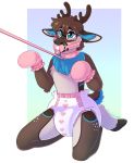  anthro blue_eyes brown_hair cervid clothing collar diaper eyewear gag gagged glasses gloves gradient_background hair handwear heart_print hi_res inner_ear_fluff kneeling leash male mammal pacifier pacifier_gag pink_collar simple_background solo strawberryneko tuft 