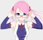  1girl blue_eyes blue_nails closed_mouth detached_sleeves fingernails glasses grey_background hands_up hi_iro long_hair long_sleeves looking_at_viewer nail_polish original pink_hair red-framed_eyewear simple_background smile solo twintails upper_body 