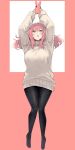  1girl black_legwear blush border breasts full_body green_eyes grey_sweater hands_up highres holding holding_phone large_breasts long_hair long_sleeves looking_up nekoume no_shoes open_mouth original pantyhose phone red_border red_hair smartphone_case solo sweater white_background 