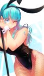  1girl animal_ears aqua_background bangs bare_arms bare_shoulders black_leotard blue_eyes blue_hair blunt_bangs breasts bulma bunny_ears cleavage closed_mouth cowboy_shot dragon_ball dragon_ball_(classic) dutch_angle eyebrows_visible_through_hair eyelashes eyes_visible_through_hair fake_animal_ears fingernails fishnet_legwear fishnets green_nails happy head_rest hip_focus interlocked_fingers large_breasts leaning leaning_to_the_side leotard long_hair looking_at_viewer ommmyoh one_eye_closed own_hands_together playboy_bunny shiny shiny_clothes shiny_hair simple_background smile solo sparkle_background starry_background straight_hair thick_thighs thigh_gap thighs v-shaped_eyebrows white_background wide_hips wrist_cuffs 