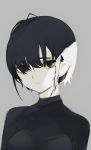  1girl :/ antenna_hair black_eyes black_hair black_sweater closed_mouth earrings expressionless grey_background highres jewelry looking_at_viewer migihidari_(puwako) original pale_skin simple_background solo sweater upper_body 