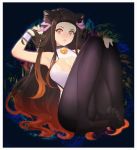  1girl animal_ears armpits bell bell_collar black_legwear border breasts brown_hair cat_ears cleavage_cutout clothing_cutout collar fang feet full_body gradient_hair hair_ribbon hand_in_hair hand_on_own_knee heart_cutout highres kamado_nezuko kemonomimi_mode kimetsu_no_yaiba large_breasts legs lis_zhu_long long_hair looking_at_viewer multicolored_hair open_mouth panties panties_under_pantyhose pantyhose pink_eyes pink_ribbon red_hair ribbon solo toes underwear very_long_hair white_border wristband 