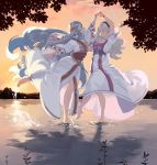  2girls ai-wa anklet azura_(fire_emblem) barefoot blue_hair blush breasts cleavage closed_eyes corrin_(fire_emblem) corrin_(fire_emblem)_(female) dancing dress feet fire_emblem fire_emblem_fates highres holding_hands jewelry lake long_hair multiple_girls necklace silver_hair smile standing standing_on_liquid sunset toes very_long_hair water 