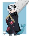  akatsuki_uniform briggbragg cosplay fish_tail forehead_protector gawr_gura holding holding_weapon hololive hoshigaki_kisame hoshigaki_kisame_(cosplay) huge_weapon kirigakure_symbol naruto_(series) samehada_(naruto) shark shark_tail sharp_teeth sword tail teeth virtual_youtuber weapon 