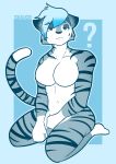  ? absurd_res anthro blue_and_white blue_body blue_eyes blue_fur carrus cat_tail eyeliner eyeshadow felid female fur hi_res highlights_(coloring) kneeling looking_at_viewer makeup mammal monochrome nude on_ground pantherine side_shave simple_background solo stripes tiger tiger_stripes white_body white_fur 