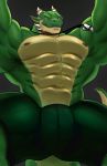 2020 abs anthro barazoku bottomwear clothing countershading dark_nipples dragon green_body green_bottomwear green_clothing grey_background hi_res hotpants jewelry male muscular muscular_anthro muscular_male muscular_thighs necklace pcz pecs ragner scalie sharp_teeth shorts simple_background solo teeth tooth_necklace topless_male western_dragon yellow_eyes 