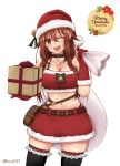  bag black_legwear box brown_eyes brown_hair gift gift_box hair_flaps hat highres kantai_collection long_hair merry_christmas navel one_eye_closed porco1127 santa_costume santa_hat shiratsuyu_(kantai_collection) sidelocks smile thighhighs twintails twitter_username zettai_ryouiki 