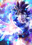  1boy black_hair blue_shirt bruise bruise_on_face closed_mouth collarbone dragon_ball dragon_ball_super injury long_hair male_focus mattari_illust orange_pants outstretched_arm outstretched_hand shirt short_sleeves silver_eyes solo son_goku spiked_hair standing torn_clothes torn_shirt ultra_instinct v-shaped_eyebrows 