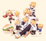  &gt;_&lt; 6+boys alalen arm_warmers artist_name baby bass_clef beige_background bird black_collar black_pants black_shorts blue_eyes blush_stickers bottle bow bowtie cape chick child closed_eyes collar cosplay edogawa_conan edogawa_conan_(cosplay) food frown glasses grin hamburger hand_in_pocket hands_on_another&#039;s_shoulders highres kagamine_len leg_warmers lying male_focus meitantei_conan milk_bottle multiple_boys multiple_persona necktie number_print on_stomach pacifier pants red_cape red_neckwear sailor_collar school_uniform shirt short_ponytail short_sleeves shorts sitting smile spiked_hair standing thought_bubble tongue tongue_out v-shaped_eyebrows vocaloid white_shirt yellow_neckwear 