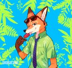  anthro black_nose blue_background canid canine dipstick_ears disney dogear218 eyewear food fox fur gloves_(marking) half-length_portrait holding_food holding_object holding_popsicle looking_at_viewer male mammal markings multicolored_ears nick_wilde orange_body orange_fur pawpsicle popsicle portrait red_fox simple_background smile solo sunglasses tongue tongue_out zootopia 