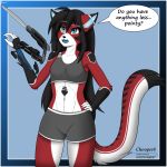  1:1 android anthro ara black_body black_fur black_hair blue_eyes chooper8 clothed clothing cyberpunk cyberpunk_2077 domestic_cat english_text felid feline felis female fur hair hi_res machine mammal mantis_blades multicolored_body red_body red_fur robot solo text white_body white_fur 