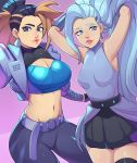  2girls absurdres akali armpits arms_up belt black_hair black_pants blue_eyes breasts brown_hair cleavage cleavage_cutout clothing_cutout commentary cropped_jacket earrings english_commentary greenmarine hands_in_hair highres jewelry k/da_(league_of_legends) large_breasts league_of_legends lips long_hair midriff miniskirt multicolored_hair multiple_girls navel non-japanese_artist outstretched_arm pants pink_background purple_eyes reaching_out self_shot seraphine_(league_of_legends) silver_hair skirt sleeveless small_breasts streaked_hair studded_belt the_baddest_akali thick_eyebrows thighhighs toned triangle_earrings two-tone_hair very_long_hair zettai_ryouiki 