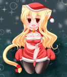  1girl :d animal_ear_fluff animal_ears bangs bell between_legs black_legwear blonde_hair blush boots breasts cat_ears cat_girl cat_tail cleavage commentary_request dress eyebrows_visible_through_hair fang full_body gloves hair_between_eyes hand_between_legs hat highres jingle_bell kanijiru long_hair looking_at_viewer medium_breasts open_mouth original pantyhose red_dress red_eyes red_footwear red_gloves red_headwear red_ribbon ribbon santa_costume santa_hat short_sleeves sitting smile solo sparkle tail tail_ornament tail_ribbon twitter_username very_long_hair wariza 