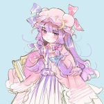  1girl bangs blue_background blue_bow blue_ribbon blush book bow bowtie commentary crescent crescent_moon_pin eyebrows_visible_through_hair hat hat_ribbon imagoimitari long_hair messy_hair mob_cap patchouli_knowledge purple_eyes purple_hair red_bow red_neckwear red_ribbon ribbon robe simple_background sketch smile solo touhou very_long_hair wide_sleeves 