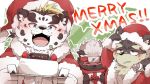  16:9 2020 anthro black_nose brown_body brown_fur cake canid canine canis christmas christmas_clothing christmas_headwear clothing dessert domestic_dog eyes_closed eyewear felid food fur glasses group hat headgear headwear holidays kemono licho_(tas) male mammal moritaka pantherine raferafe santa_claus santa_hat scar tadatomo text tiger tokyo_afterschool_summoners video_games white_body white_fur widescreen 