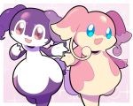  :3 :d artsy-rc audino border commentary english_commentary gen_5_pokemon gen_8_pokemon highres indeedee indeedee_(female) looking_at_viewer no_humans open_mouth pink_background pokemon pokemon_(creature) signature smile sparkle standing standing_on_one_leg white_border 
