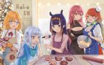  5girls alternate_costume animal_ears apron baking black_shirt blonde_hair bloop_(gawr_gura) blue_apron blue_eyes blue_hair blue_hoodie blush bowl breasts brown_apron bubba_(watson_amelia) casual chef_hat christmas_tree cleavage cleavage_cutout clothing_cutout collared_shirt commentary cookie copyright_name cowboy_shot crossed_arms death-sensei_(mori_calliope) detached_sleeves earrings english_commentary eyebrows_visible_through_hair feather_earrings feathers fish_tail flat_chest food gawr_gura gradient_hair hair_ornament hat holding holding_bowl holding_whisk hololive hololive_english hood hoodie instagram_username jewelry long_hair medium_breasts mini_hat mori_calliope multicolored_hair multiple_girls nail_polish neck_ribbon ninomae_ina&#039;nis open_mouth orange_hair orange_nails oven_mitts parted_lips partially_unbuttoned pastry_bag pink_eyes pink_hair pink_sweater polka_dot purple_apron purple_eyes purple_hair red_neckwear ribbed_sweater ribbon rolling_pin shark_hair_ornament shark_tail shark_teeth shirt short_hair short_twintails silver_hair smile streaked_hair sweater tail takanashi_kiara tako_(ninomae_ina&#039;nis) ten-chan_(eternal_s) tentacle_hair tiara tongue tongue_out turtleneck turtleneck_sweater twintails twitter_username two-tone_hair two_side_up virtual_youtuber watson_amelia whisk white_headwear white_shirt wing_collar 
