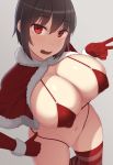  1girl bikini black_hair blush breasts capelet christmas cleavage collarbone commentary_request covered_nipples elbow_gloves eyebrows_visible_through_hair fang fur_trim gloves groin highres large_breasts looking_at_viewer micro_bikini navel open_mouth original red_bikini red_eyes red_gloves red_legwear samegami shiny short_hair simple_background skindentation smile solo striped striped_legwear swimsuit thighhighs v 