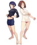  2girls absurdres barefoot bike_shorts black_hair blue_eyes blue_shorts boku_no_hero_academia breasts brown_eyes brown_hair cameltoe commentary_request earlobes fingernails full_body highres jack_plug jirou_kyouka jitome kobaji looking_at_viewer medium_breasts multiple_girls navel no_pants panties pantyshot perky_breasts pink_panties short_hair shorts sleeve_pull small_breasts standing sweater toenails toes underwear uraraka_ochako white_background white_sweater 