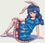  1girl :3 animal_ears arm_support bad_anatomy bloomers blue_dress blue_hair bobby_socks breasts bunny_ears bunny_tail closed_mouth collarbone crescent_print dress ear_ornament eyebrows_visible_through_hair full_body hair_between_eyes hand_on_own_knee highres long_hair looking_at_viewer low_twintails lying on_side puffy_short_sleeves puffy_sleeves red_eyes seiran_(touhou) short_sleeves simple_background small_breasts socks solo star_(symbol) star_print tail touhou twintails underwear white_background white_legwear zawapirori 