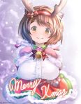  1girl absurdres antlers axxl_dtncy bell breasts brown_eyes brown_hair capelet christmas christmas_tree draph dress fur-trimmed_capelet fur-trimmed_dress fur-trimmed_headwear fur_trim gift gloves granblue_fantasy highres horns looking_at_viewer merry_christmas oppai_loli pink_gloves red_capelet reindeer_antlers santa_costume short_hair smile solo yaia_(granblue_fantasy) 