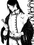  1boy alternate_costume bleach buttons cane closed_mouth commentary_request eyelashes greyscale high_contrast holding holding_cane kuchiki_byakuya long_hair male_focus monochrome serious simple_background solo white_background yangyieva 