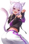  1girl :3 :d ahoge ako_suke animal_ear_fluff animal_ears ass cat_ears cat_tail cowboy_shot fang from_behind highres hololive hood hood_down hoodie long_sleeves looking_at_viewer looking_back nekomata_okayu open_mouth pants paw_pose purple_eyes purple_hair short_hair simple_background smile solo tail virtual_youtuber white_background 
