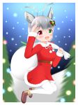  1girl :d absurdres animal_ear_fluff animal_ears antlers arm_up bangs blurry blurry_background boots bow brown_footwear christmas christmas_ornaments christmas_tree commentary_request deer_ears deer_girl deer_tail depth_of_field dress eyebrows_visible_through_hair full_body fur-trimmed_boots fur-trimmed_dress fur-trimmed_sleeves fur_trim green_eyes hair_between_eyes hair_bow heterochromia highres holding holding_sack kemono_friends long_sleeves looking_at_viewer open_mouth pantyhose red_dress red_eyes reindeer_(kemono_friends) reindeer_antlers sack shin01571 smile solo striped striped_bow tail white_legwear 