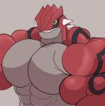  2020 abs absurd_res anthro big_muscles black_eyes bust_portrait clothed clothing crocobu digital_media_(artwork) grey_background groudon hi_res huge_muscles huge_pecs legendary_pok&eacute;mon male muscular muscular_anthro muscular_arms muscular_male nintendo nude pok&eacute;mon pok&eacute;mon_(species) portrait red_body sharp_teeth simple_background solo teeth topless topless_male video_games yellow_sclera 