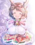  1girl absurdres antlers axxl_dtncy bell breasts brown_hair capelet christmas christmas_tree closed_eyes draph dress fur-trimmed_capelet fur-trimmed_dress fur-trimmed_headwear fur_trim gift gloves granblue_fantasy highres horns looking_at_viewer merry_christmas oppai_loli pink_gloves red_capelet reindeer_antlers santa_costume short_hair smile solo yaia_(granblue_fantasy) 
