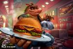  2020 activision anthro bottomwear burger canid canine canis claws clothing crash_bandicoot_(series) crocodile crocodilian crocodylid detailed digital_media_(artwork) diner dingo dingodile food furniture hi_res hybrid lukart96 male mammal pants plate reptile scalie sharp_teeth smile solo steam table teeth video_games 