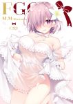  1girl ass blush board_game breasts cleavage comiket_93 cover cover_page dress fate/grand_order fate_(series) gloves go hair_over_one_eye high_heels highres large_breasts looking_at_viewer mash_kyrielight miko_92 neck_ribbon purple_eyes ribbon see-through short_hair solo white_dress white_footwear white_gloves 