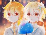  1boy 1girl aether_(genshin_impact) ahoge bangs bite_mark blonde_hair blush closed_mouth collar dress flower food genshin_impact hair_between_eyes hair_flower hair_ornament lazimei_sauce lumine_(genshin_impact) multicolored multicolored_background necktie open_mouth popsicle popsicle_stick shirt siblings slime triangle_mouth white_shirt yellow_eyes 