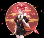  1boy artist_name black_background black_neckwear black_shorts colored_skin commentary crystal_hair egasumi fukase gem_uniform_(houseki_no_kuni) gloves highres houseki_no_kuni male_focus necktie nu_nu_s2 parody point_(vocaloid) red_eyes red_hair shards shorts simple_background solo sword vocaloid weapon white_gloves white_skin 