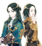  2boys ^_^ black_jacket blue_eyes blue_jacket book closed_eyes commentary_request dual_persona fire_emblem fire_emblem:_three_houses forehead garreg_mach_monastery_uniform green_hair hair_ribbon half_updo hand_up holding holding_book jacket jnsghsi linhardt_von_hevring long_hair long_sleeves looking_at_viewer multiple_boys ribbon simple_background tears upper_body white_background white_ribbon 