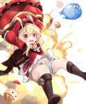  1girl absurdres ahoge airborne backpack bag bangs blonde_hair blush boots dress explosion full_body genshin_impact hair_between_eyes hat hat_feather highres holding klee_(genshin_impact) knee_boots long_hair long_sleeves looking_at_viewer low_twintails nekodama2000 open_mouth red_dress red_eyes red_headwear slime smile solo twintails white_background white_feathers white_legwear 