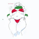  1:1 anthro big_breasts bikini blush boss_monster bovid breasts caprine christmas clothed clothing english_text female fur hand_on_breast hi_res holidays horn isit01 long_ears looking_at_viewer low-angle_view mammal scarf simple_background slightly_chubby solo standing swimwear text toriel undertale video_games white_background white_body white_fur 