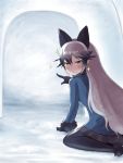  1girl animal_ears black_fur black_gloves black_legwear black_neckwear black_skirt blue_jacket blush bow bowtie commentary_request extra_ears eyebrows_visible_through_hair fox_ears fox_girl fox_tail fur_trim gamerakero gloves grey_hair highres igloo jacket kemono_friends long_hair long_sleeves looking_at_viewer multicolored_hair orange_eyes pantyhose pleated_skirt pointing silver_fox_(kemono_friends) silver_hair sitting skirt snow_shelter solo sparkle tail wariza 